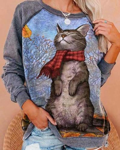 Christmas Plus Size Cartoon Cat Print Cute Sweatshirt