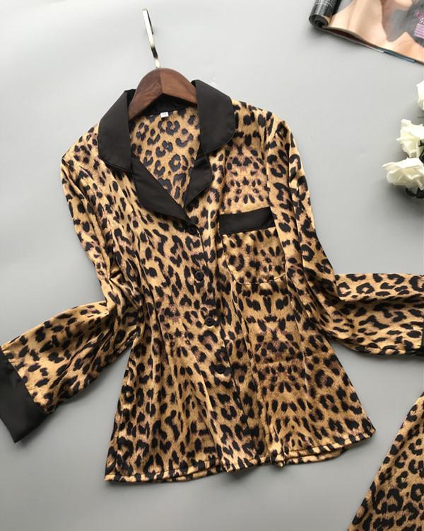 Leopard Print Sexy Long Sleeve Ice Silk Pajama Set