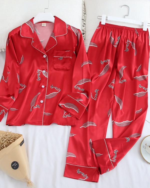 Long Sleeve Pajamas Ice Silk Printing Fashion Sleepwear Set