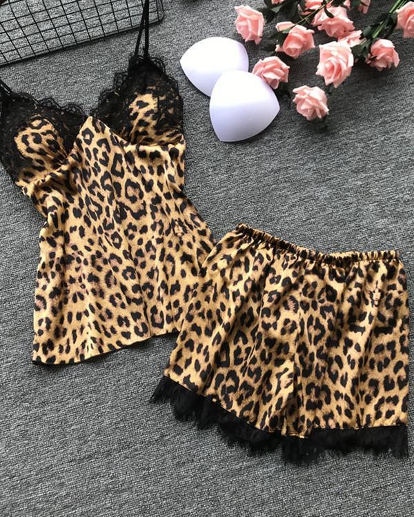 Leopard Print Sexy Ice Silk 4PCS Pajama Set