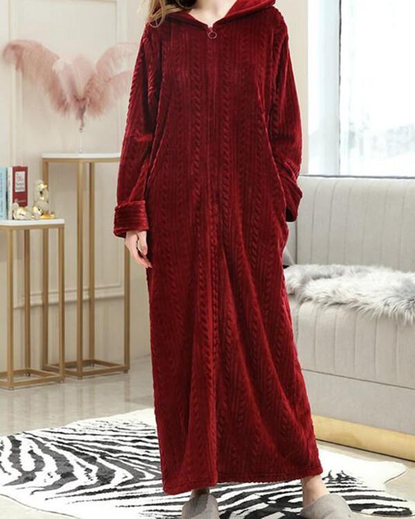 Hooded Long Robe Front Zipper Striped Flannels Pajamas For Women