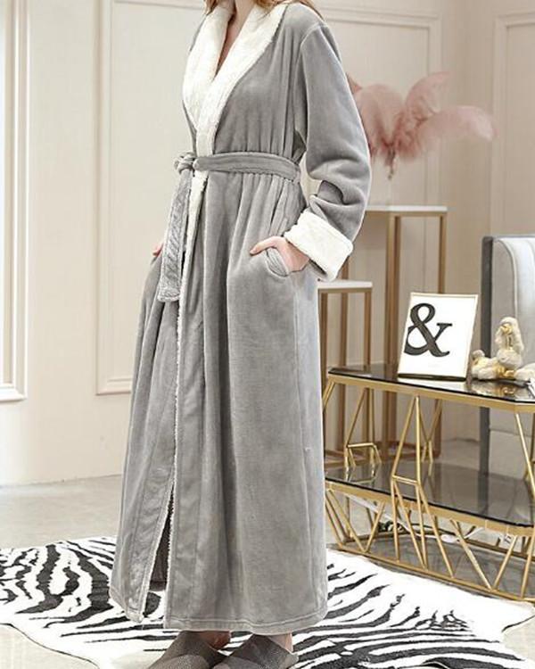 Long Pink Robe Flannels Soft Patchwork Belt Pajamas With Pockets