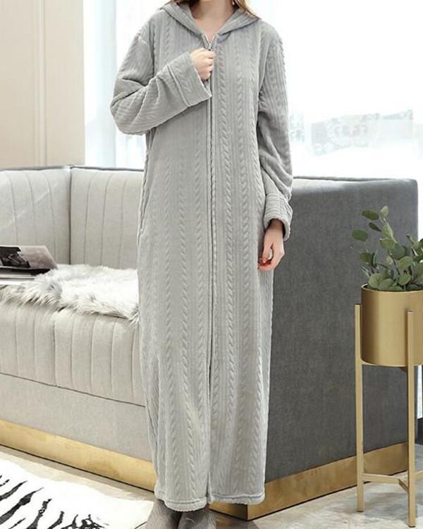 Hooded Long Robe Front Zipper Striped Flannels Pajamas For Women
