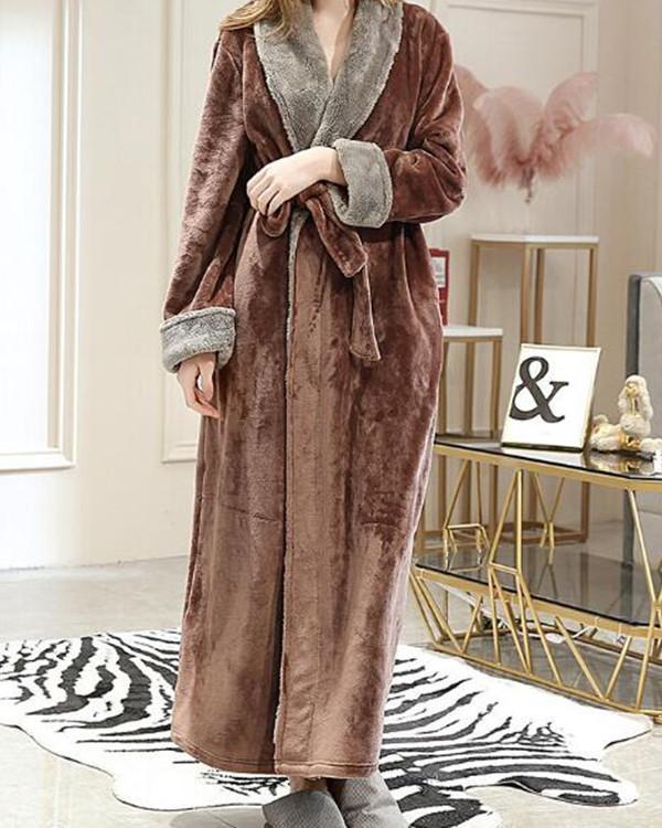 Long Pink Robe Flannels Soft Patchwork Belt Pajamas With Pockets