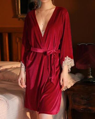 Women Lace V Neck Robe Sleepwear