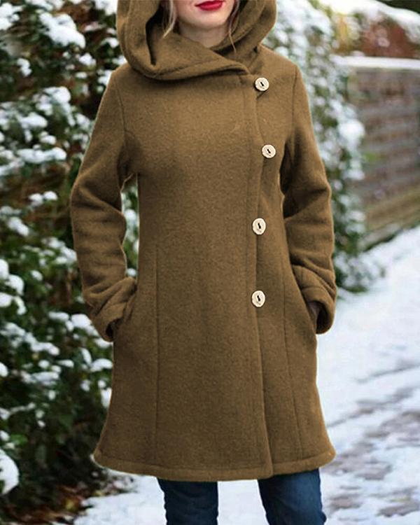 Solid Color Long Sleeves Hooded Warm Coat With Pocket For Women