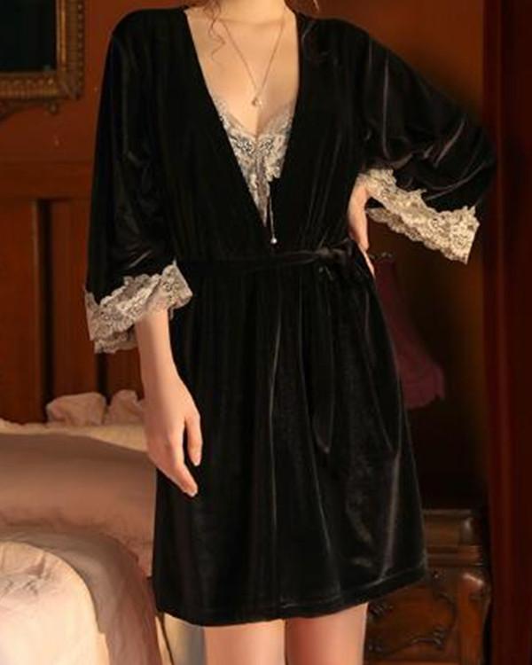 Women Lace V Neck Robe Sleepwear