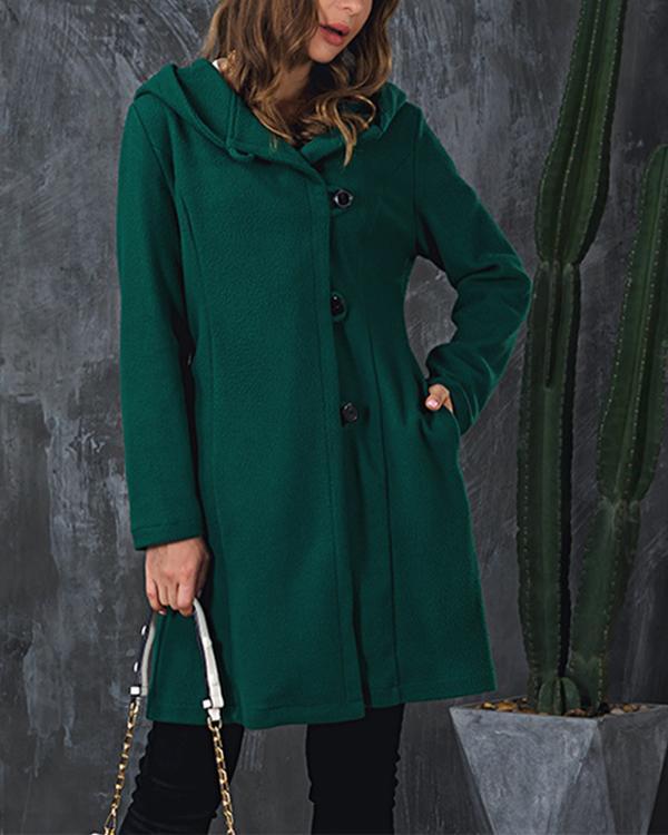 Solid Color Long Sleeves Hooded Warm Coat With Pocket For Women