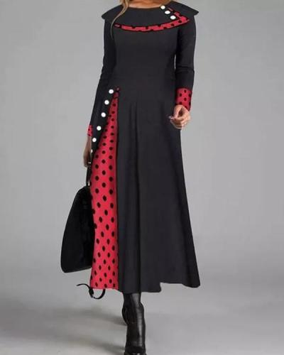 Casual Polka Dot Round Neckline Long Sleeve Maxi Dress