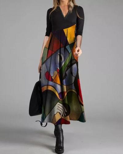 Casual Color Block Tunic V-Neckline A-line Dress