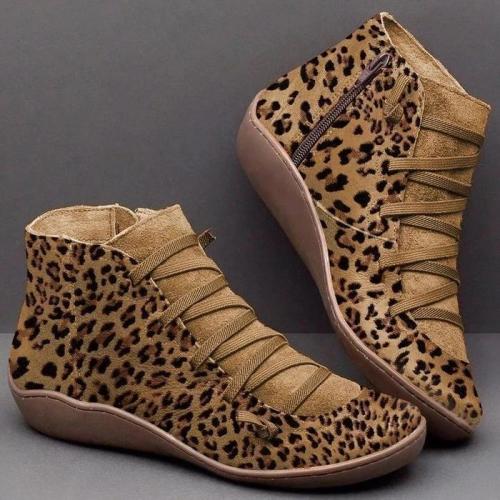 Leopard print Crisscross Lace-Up Low Wedges Ankle Booties
