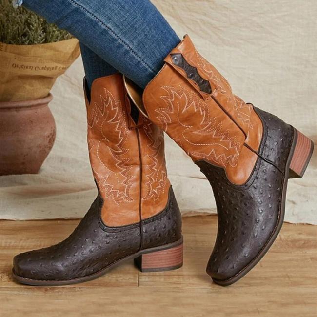 Women Large Size Slip-On Ethnic Pattern Dot Mid-calf Cowboy Boots