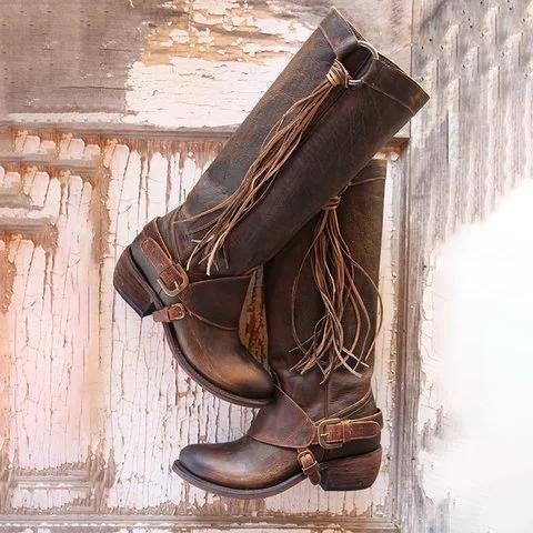 Women Vintage Tassel Knot Knee High Boots Chunky Heel Boots