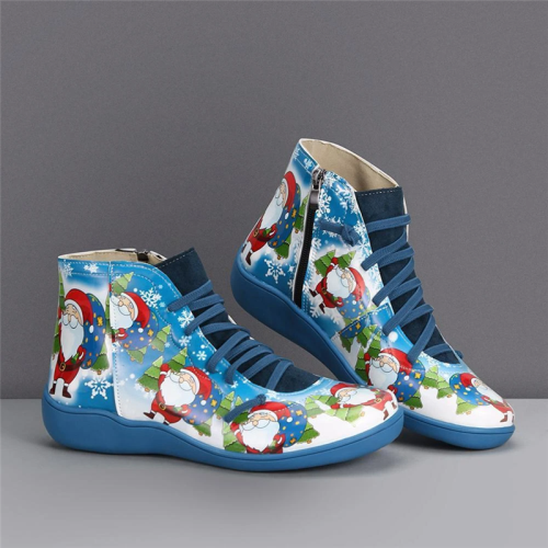 Christmas Gift | Print Flat Heel Lace Up Short Boots