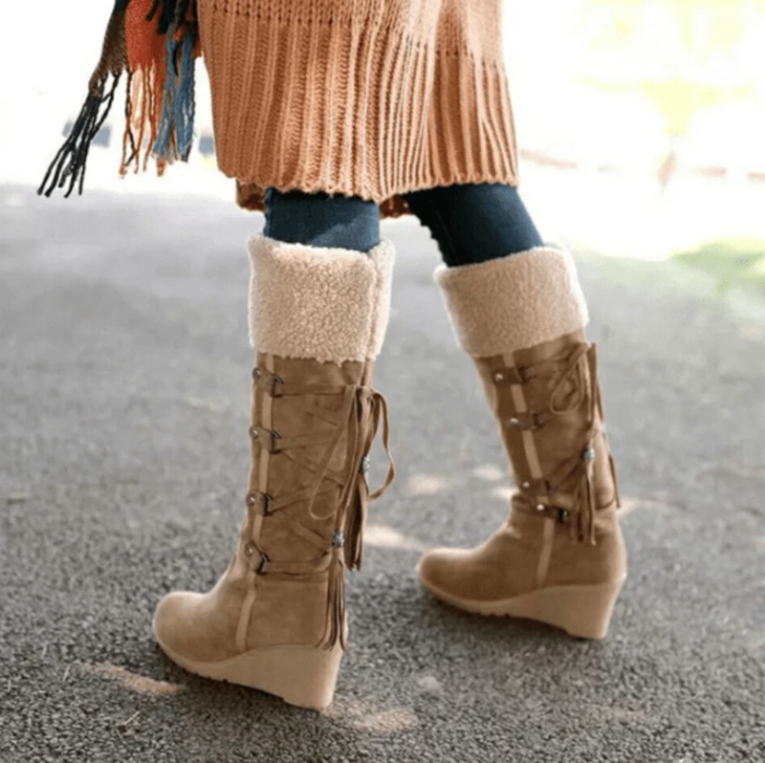 Women’s Fashion Lace-Up Non-Slip Slope Heel And Velvet Snow Boots