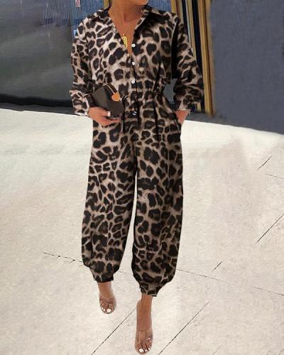 Women's Loose Leopard Long Sleeves Jumpsuits