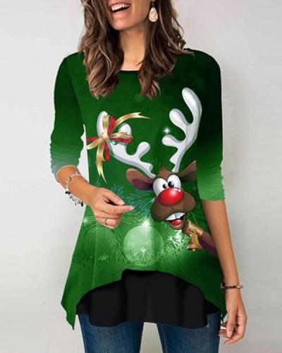 Christmas Cartoon Print Long Sleeves Layered Hem T-shirt