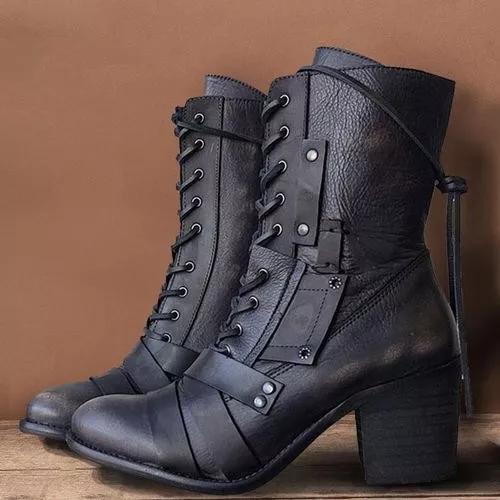 Women's Lace-up Mid-Calf Boots Chunky Heel Boots