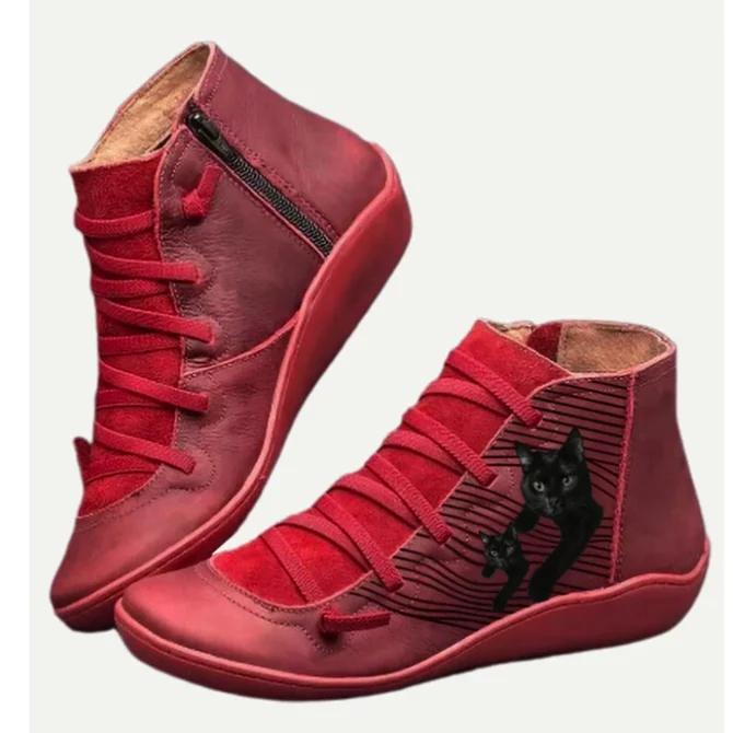 NEW! Women's  Cat Pattern Casual Leather Boot