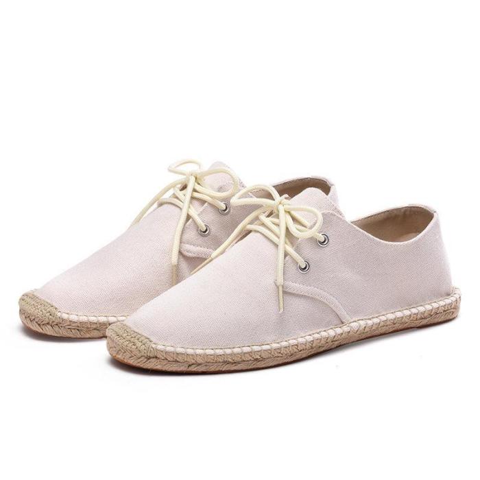 Men's Hand Stitching Non Adhesives Linen Flat Lace Up Espadrilles