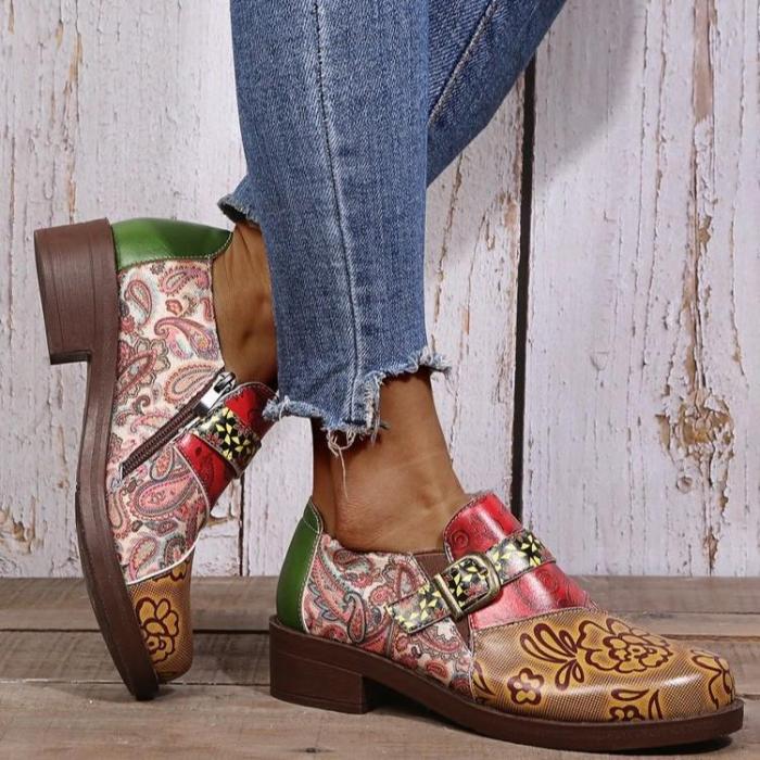 Floral Pattern Metal Buckle Chunky Heel Boots