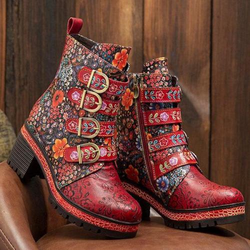 Floral Pattern Metal Buckle Chunky Heel Short Boots