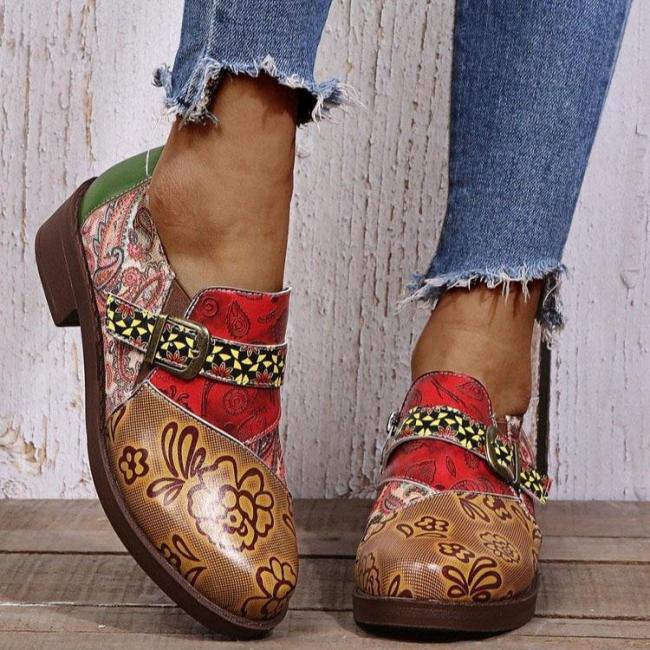 Floral Pattern Metal Buckle Chunky Heel Boots