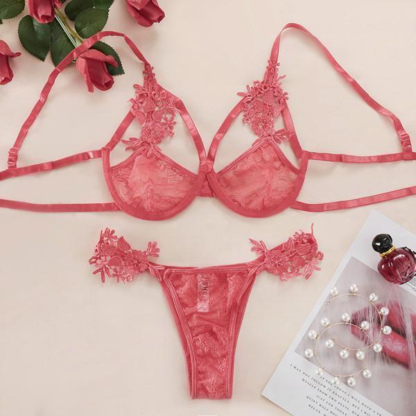 Pink Love！Flower Lace Sexy Lingerie Set