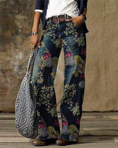 Blue Casual Vintage Floral Printed Pants