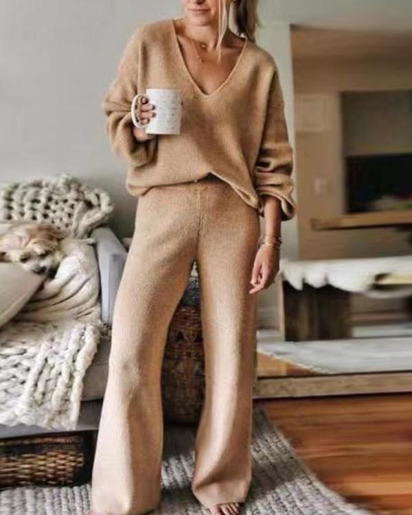 Women'S Casual Plain V-Neck Sweater Lounge Suit
