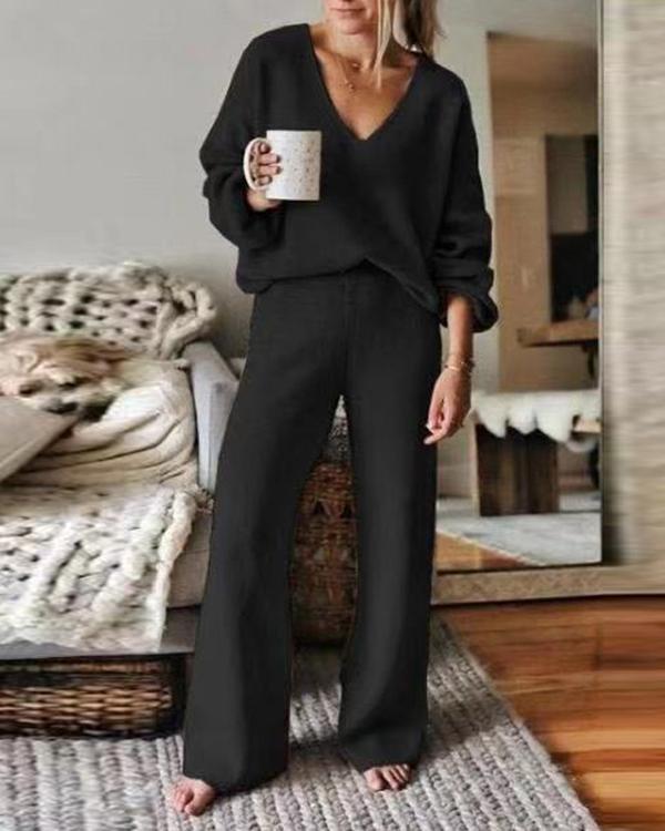Women'S Casual Plain V-Neck Sweater Lounge Suit