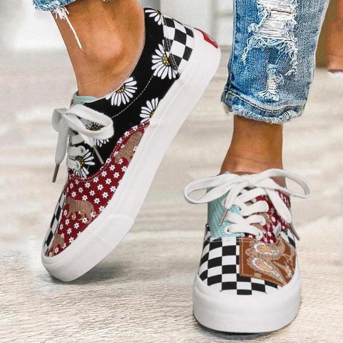 Women Casual Fashion Canvas Print Lace Up Sneakers