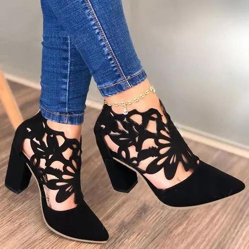 Women's Hollow-out Pointed Toe Heels Chunky Heel Sandals