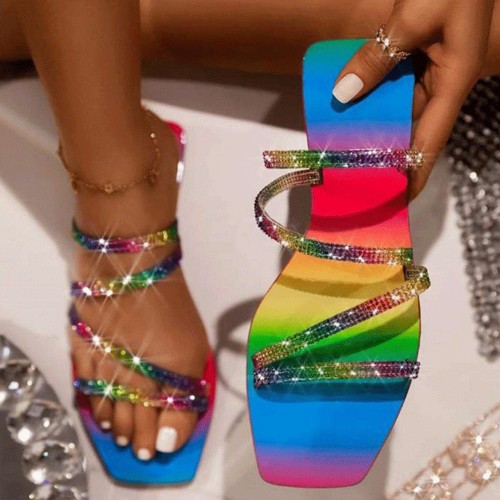 Fashion Rhinestone Flat Bottom Colorful Thin Belt Slippers