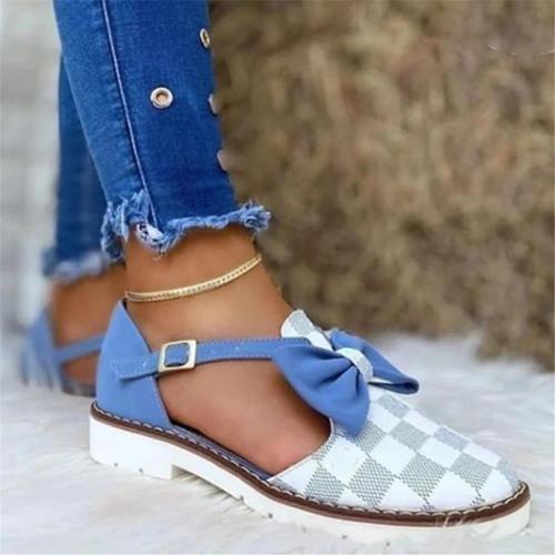 Women Fashion Pu Plaid Bowknot Buckle Flat Sandals