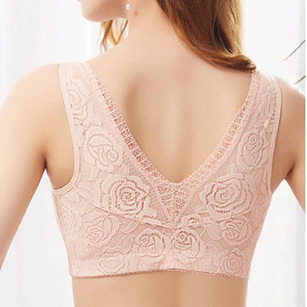 Wireless Rose Lace Zip Front Soft Gather Breathable Cotton Lining Wide Shoulder Straps Sleep Bras