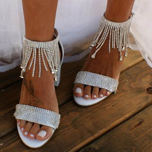 Womens Rhinestone Tassel Chain Sandals