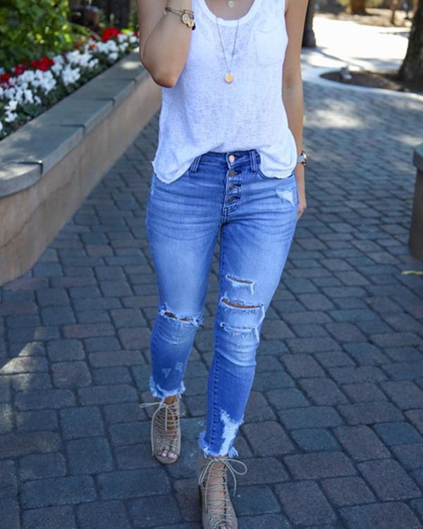 Buttoned Ripped High Rise Jeans