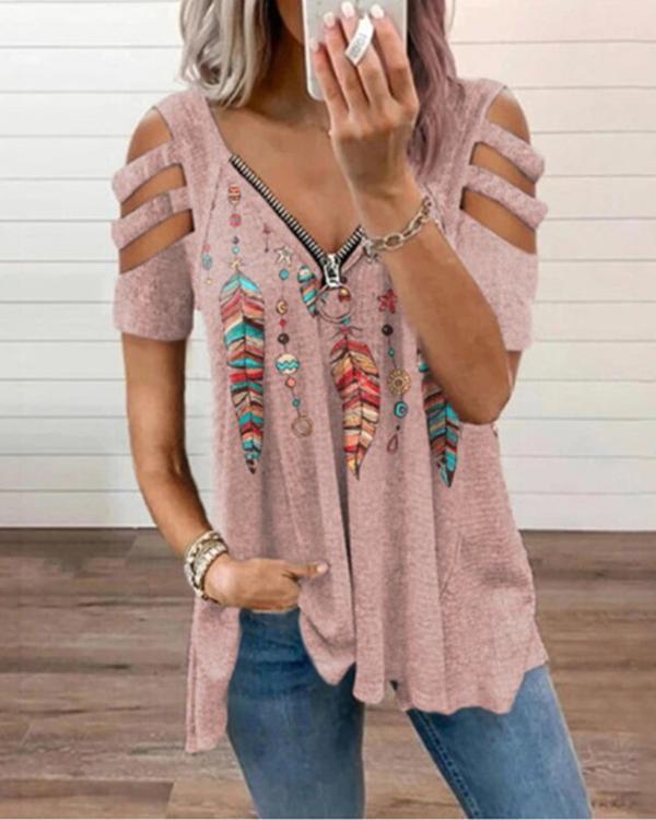 Ethnic Feather Zipper Graphic T-shirt