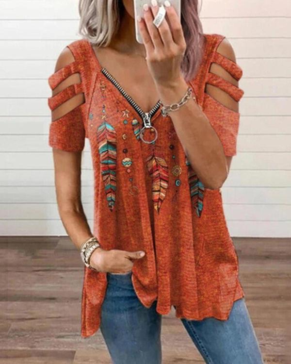 Ethnic Feather Zipper Graphic T-shirt