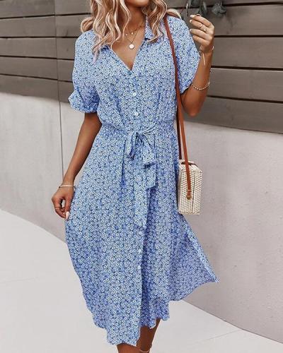 Floral Print Lapel Button Knotted Short Sleeve Dress For Women