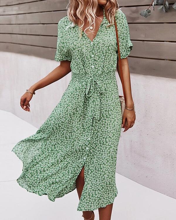Floral Print Lapel Button Knotted Short Sleeve Dress For Women