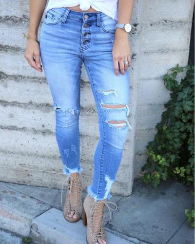 Buttoned Ripped High Rise Jeans