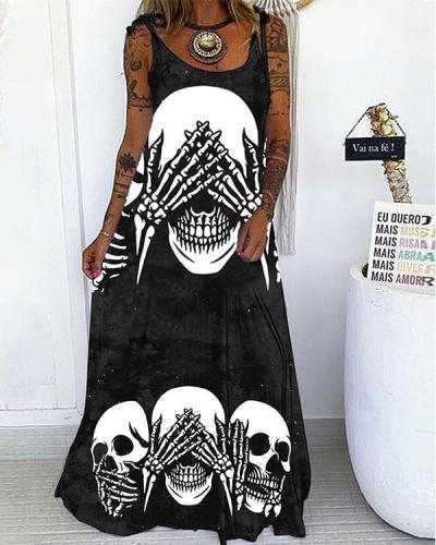 Creative Skull Print Lace up Spaghetti-Strap Maxi Dress