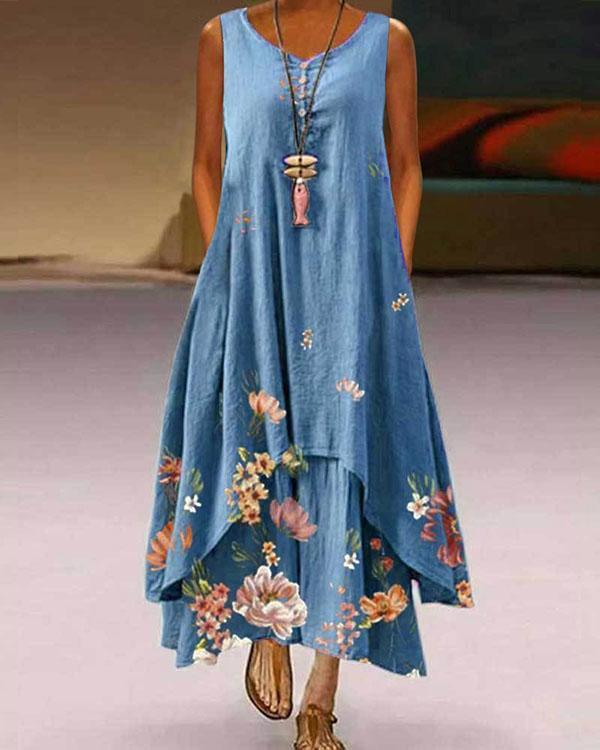 Plus Size Print Sleeveless A-Line Asymmetrical Maxi Dress