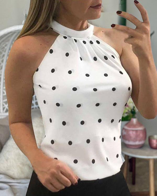 Plus Size Sexy Polka Dot Blouse Round Neck Sleeveless Tops