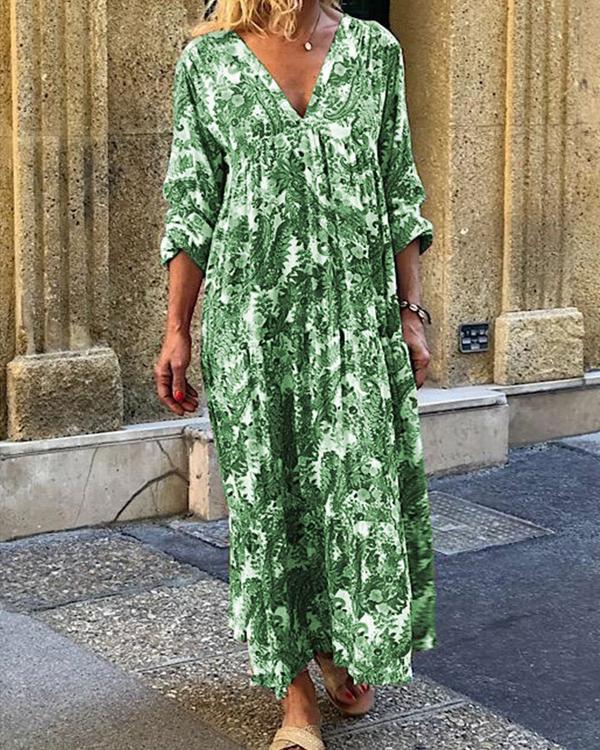 Women Bohemia Printed Sexy Deep V  Maxi Dress