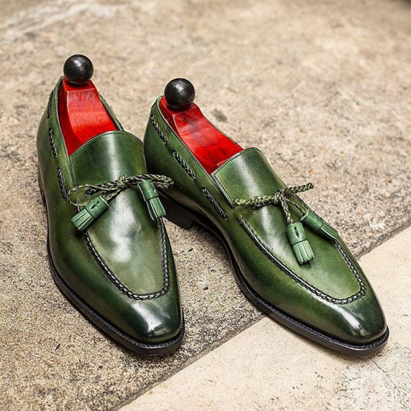 British Style Round Head Wear-resistant Green Tassel Bow Men's Leather Shoes