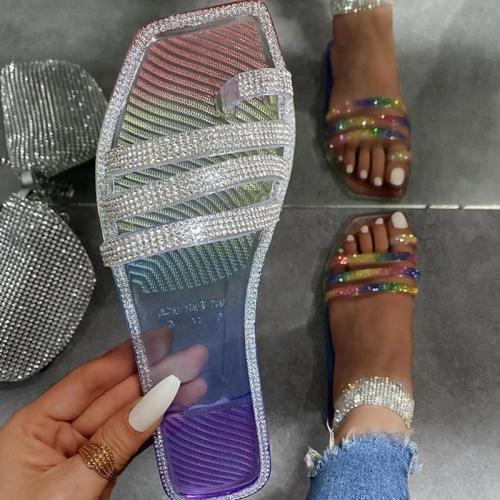 Women Fashion Simple Pu Rhinestone Toe Loop Flat Sandals Slippers
