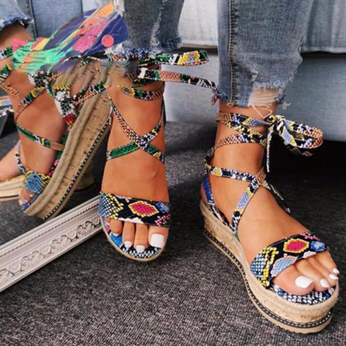 Women Large Size Lace-up Straw Sandals